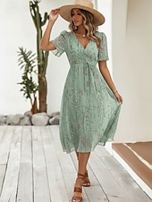 economico Abiti Floreali Stampati-Per donna Abito Midi Abito Boho Vestito in Chiffon Abito Floreale Moda Moderno Vacanza Ferie Vestibilità regolare Fiore Manica Corta Scollo a V Blu Verde chiaro Rosso Blu marino Estate