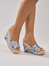 economico Donne-Sandali con zeppa romantici blu a fantasia floreale da donna - comodi sandali espadrillas con plateau e fiocco, ideali per resort all'aperto e vacanze al mare. &amp;feste estive in giardino