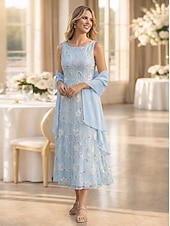 billiga Mammas klänningsset-Two Piece A-Line Dress Sets Ankle Length Wedding Guest Dress Mother of the Bride Dress Sleeveless Boat Neck Elegant Simple Embellished Formal Kentucky Derby Semi Formal Lace Jacquard Wrap Included
