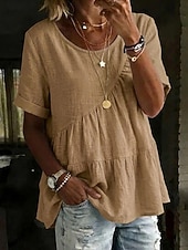 お買い得  エッセンシャルフェイクシャツ-女性用 Tシャツ フェイクリネンシャツ ティートップ フリル 平織り ファッション スタイリッシュ クラシック 半袖 クルーネック レギュラートップス 日常 お出かけ 週末 ブルー ブラック ホワイト イエロー ピンク 夏 春