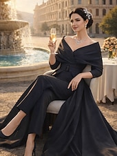 billiga Mammas jumpsuits-Tvådelad Byxor Ankellång Klänning till brudens mor 3/4 ärm Rundhals Över axeln Elegant party Formell Bröllopsgäst Stretchtyg med Bälte / band