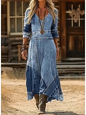  Damskie Sukienka maxi Sukienka Boho Zabytkowa sukienka Codzienne sukienki Zabytkowe Codzienny Na zewnątrz Urlop Regularny Kwiaty Długi rękaw W serek Niebieski Wiosna Jesień