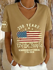 お買い得  独立記念日トップ-アメリカ独立記念日 女性用 Tシャツ プリント グラフィック フラッグ アメリカの国旗 ヴィンテージ スタイリッシュ クラシック 半袖 Ｖネック レギュラートップス 日常 ピンク ルビーレッド パープル カーキ色 夏 春