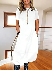 preiswerte Weiße Freizeitkleider-Damen Midikleid Weißes Kleid Elegant Mode Modern Outdoor Urlaub Ausgehen Normale Passform Einfach Kurzarm Rundhalsausschnitt Schwarz Weiß Burgunderrot Marineblau Sommer Frühling Herbst