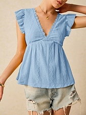 tanie Zwykły zbiornik-Damskie Bezrękawnik Falbana Oczko Równina Moda Elegancki Klasyczny Bez rękawów W serek Zwykłe topy Codzienny Wyjściowe Weekend Czarny Biały Kawowy Jasnoniebieski Lato Wiosna