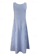 preiswerte Streifen- und geometrische Kleider-Damen Midikleid A Linie Kleid Urlaub Lässig Outdoor Ausgehen Lässiger Schnitt Gestreift Ärmellos Rundhalsausschnitt Blau Grün Grau Sommer Frühling