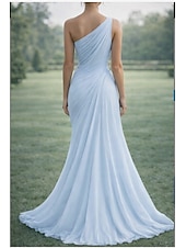 economico Abiti da Sera a Linea A-Linea ad A Lunghezza al pavimento Abito da Sera Da principessa Elegante Madre della sposa Senza Maniche Monospalla Matrimonio Formale Chiffon con Fiore ricamato Pieghe Arricciato