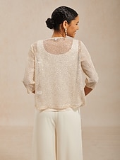お買い得  レディースブラウススーツ-女性用 シャツ タンクトップ ツインセット レースアップ スパンコール メッシュ エレガント 七分袖 クルーネック 結婚式のゲスト カクテルの服装 シャンパン 夏 春 秋
