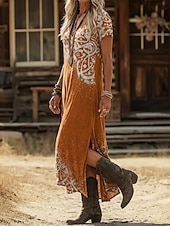 お買い得  エスニックボヘミアンドレス-女性用 マキシドレス 自由奔放に生きるドレス カジュアルドレス A ラインドレス プリントドレス ヴィンテージ アウトドア バケーション 週末 ルーズフィット グラフィック 半袖 Ｖネック ブラック イエロー ライトグリーン ピンク 夏 春