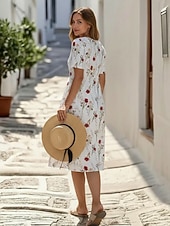 cheap Casual Floral Dresses-Women's Midi Dress Faux Cotton Linen Shift Dress Casual Dress Summer Dress Fashion Modern Daily Beach Weekend Regular Fit Floral Short Sleeve Crew Neck Blue White Red Navy Blue Summer