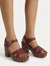 cheap Platform Sandals-Women's Burgundy Chunky Heel Sandals – Faux Leather Sandals with Buckle and Perforated Design for Casual Outings, Summer Parties and Everyday Wear