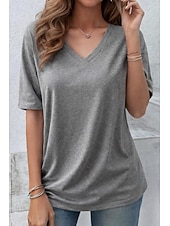 お買い得  プレーンTシャツ-女性用 オーバーサイズ Tシャツ 純色 エレガント スタイリッシュ カジュアル 半袖 Ｖネック ロングトップス 日常 お出かけ ブラック ホワイト イエロー グレー ライトブルー 夏 春