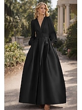 cheap A-Line Evening Dresses-A-Line Floor Length Evening Gown High Split Mother Of The Bride Long Sleeve V Neck Formal Wedding Guest Belt / Sash Satin with Pleats Slit