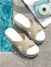 cheap Women-Women's Chic White Woven Wedge Sandals - Comfortable Criss-Cross Platform Slides for Luxury Hotel Poolside, Beach Resorts &amp; Summer Vacation Outfits