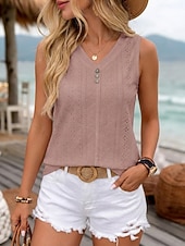 billige Plain t-skjorte-Dame T-skjorter Øyetopp Elegant Årgang Stilfull Ermeløs V-hals Vanlige topper Daglig Ut på byen Ferieklær Svart Hvit Gul Dusty Rose Himmelblå Sommer Vår