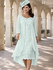 baratos Conjuntos de vestidos para mamãe-Duas Peças Linha A Longuette Vestido de convidada de casamento Vestido Para Mãe dos Noivos Manga Curta Decorado com Bijuteria Elegante Tamanhos Grandes Convidado do casamento Festa de Casamento