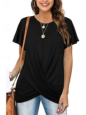 baratos Camiseta lisa-Mulheres Camiseta T-shirt Franzido Tecido Moda à moda Clássico Manga Curta Gola Redonda Tops regulares Diário Para Noite Final de semana Azul Preto Branco Rosa Vinho Verão Primavera