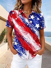  Amerikansk uavhengighetsdag kvinnens skjorte kortermet grafisk flagg vintage stilig uformell skjortekrage regular topper daglig blå hvit rød sommer vår