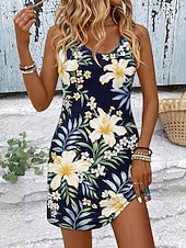 abordables Vestidos florales-Mujer Vestido hasta la Rodilla Vestido de verano Vestido de una línea Vacaciones Casual Boho Playa Fiesta Boda Ajuste regular Floral Graphic Sin Mangas Escote en U Azul Piscina Negro Morado Verde
