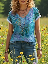 billiga Boho t-shirt-Dam T-shirt Mönster Blommig Grafisk bohemliv Vintage Ledigt Kortärmad V-hals Vanliga toppar Dagligen Blå Rubinrött Purpur Grön Sommar Vår