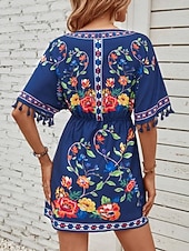 voordelige Boho Jurken-Dames Mini-jurk Boho-jurk Casual jurk Bloemetjesjurk Elegant Modieus Modern Buiten Vakantie Uitgaan Normale pasvorm Bloemig Korte mouw V-hals blauw Zwart Wit Zomer Lente