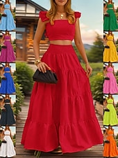 abordables Conjuntos de dos piezas-Mujer conjuntos de falda Sin Mangas Escote Cuadrado Plano Frunce Elegante Moda Ropa de calle Casual Diario Exterior Negro Blanco Amarillo Verano Ajuste regular