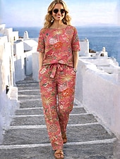 abordables Trajes de blusa para mujer-Mujer Conjuntos de lino y algodón Manga Corta Escote Redondo Floral Graphic Elegante Bohemia Diario Casual Diario Vacaciones Azul Piscina Rojo Naranja Verano