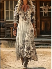 olcso Etno Boho Ruha-Női Maxi hosszú ruha Vintage ruha hétköznapi ruha Szüret Napi Szabadtéri Vakáció Normál Virágos Hosszú ujj V-alakú Khakizöld Tavasz Ősz