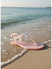 baratos Mulheres-Women's Elegant White Jelly Sandals - Waterproof T-Strap Flip Flops with 3D Flower &amp; Sparkling Rhinestone Decor for Beach Vacations, Summer Weddings &amp; Resort Wear