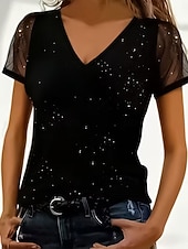 abordables T-shirt uni-Femmes T-shirt Paillettes Maille Couleur Unie Élégant Mode Classique Manche Courte Col en V Hauts Réguliers Quotidien Sortir Week-end Noir Rouge Été Printemps