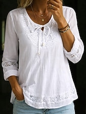cheap Plain Blouses-Women's Blouse Lace Patchwork Solid Color Stylish Casual 3/4 Length Sleeve Crew Neck Regular Tops Daily White Summer Spring Fall