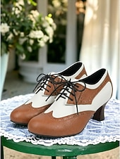 levne Retro styl 50. let-Dámské vintage černobílé oxfordské boty z 50. let - klasické dvoubarevné sedlové brogy se šněrováním na retro párty a swingový tanec &amp;preppy denní nošení
