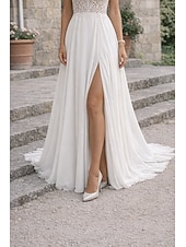 Недорогие Свадебные платья-Свадебные Платья На Пляже L-образной Формы V Вырез Без Рукавов Длинного Пола Шифон Невесты С Аппликациями Разрез Спереди