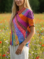  женская блузка пуговицы принт геометрический цвет блоки отпуск повседневная повседневная короткий рукав текстурированная ткань рубашка воротник обычный топы повседневный праздник выход на улицу радуга