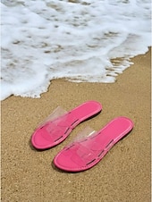 billiga Kvinnor-Färgglada gula strandtofflor för kvinnor - eleganta platta sandaler i genomskinlig PVC med H-remmar för tropiska semestrar och öresor &amp;sommarkläder vid poolen