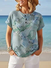  Pentru femei Tricou Imprimeu Nasturi de piept Imprimare de marmură Stilat Modern Casual Manșon scurt Henley Topuri obișnuite Zilnic Albastru piscină Galben Mov Trifoi Vară Primăvară