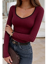 billige Plain t-skjorte-Dame Ribbelte strikkede topper T skjorte Slim fit topp Kontrastfarger Elegant Stilfull Fritid Langermet Klokke Ermer V-hals Vanlige topper Daglig Ut på byen Vin Navyblå Aprikos kaffe Vår Høst