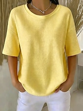 Недорогие Простая футболка-Жен. Вафельная рубашка Футболка Футболки Топы в вафельном вязании Сплошной цвет Классика Современное На каждый день С короткими рукавами Вырез под горло Обычные топы Повседневные Праздники На выход