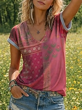 ieftine tricou boho-Pentru femei Tricou Imprimeu Floral Grafic graffiti Boemia Epocă Casual Manșon scurt În V Topuri obișnuite Zilnic Roz Îmbujorat Vară Primăvară