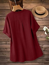 voordelige Overhemden-Dames Overhemden met linnenlook Blouse Overhemd van imitatie linnen Knop Effen Kleur Dagelijks Stijlvol Basic Halve mouw V-hals Normale tops Dagelijks blauw Zwart Geel Rood Paars Zomer Lente Herfst