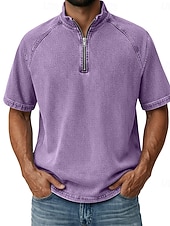 お買い得  ベーシックTシャツ-男性用 デニムシャツ コットン100% アシッドウォッシュシャツ ティートップ 半袖 スタンド ファスナー 秋冬 春 秋 平織り ヴィンテージ ストリートファッション カジュアル ジッパーを閉める 色褪せた ベーシック カジュアル 家 ストリート パープル メンズトップTシャツ