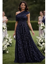 preiswerte Bodenlänge-Ballkleid A-Linie Bodenlang Brautmutterkleid Ärmellos Ein-Schulter Elegant Formell Hochzeitsgast Formeller Abend Tüll mit Falten Gerafft Stickerei