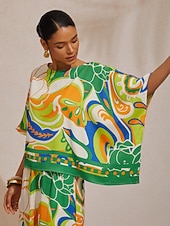 baratos camisas, tops e blusas-Blusa boho paisley de cetim sedoso com mangas dolmã