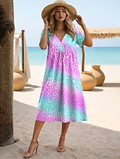 ieftine Artă și design rochii-Pentru femei Rochii Midi Rochie de schimb Rochie de Vară Rochie de vară Vacanță Casual Stiluri de Plajă Zilnic Ieșire Potrivire Largă Ombre Grafic Leopard Manșon scurt În V Albastru piscin