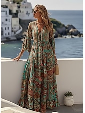 preiswerte Urlaubs Boho Kleid-Damen Maxikleid Boho-Kleid Freizeitkleid Schwingkleid A Linie Kleid Vintage Lässig Täglich Normale Passform Blumen Langarm V Ausschnitt Blau Rote Purpur Orange Sommer Frühling Herbst