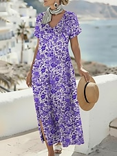 economico Abito Boho da Vacanza-Per donna Abito maxi Abito Boho Vestito Casual Abito a trapezio Abito Stampato Vintage All'aperto Vacanza Weekend Vestibilità regolare Floreale Grafico Manica Corta Scollo a V Blu Viola Fucsia