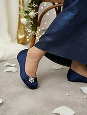 baratos Mãe da Noiva/Namorado-Sapatos de casamento para a mãe da noiva/do noivo, sapatilhas de cetim azul-marinho para mulheres, sapatos de casamento de salto baixo com detalhes em strass, sapatos de festa confortáveis.