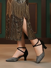 cheap 1920s &amp; Gatsby Era-Women's 1920s Gatsby Flapper Shoes - Elegant Purple &amp; Silver Glitter Mary Jane Pumps with Vintage Mid-Heel &amp; Crisscross Straps for Ballroom Dancing, Glamorous Parties &amp; Weddings