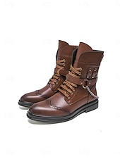 abordables Hombres-Botas de combate marrones para hombre con cordones, cremallera lateral y detalle de cadena. Botines para festivales de música, conciertos, eventos al aire libre, estilo urbano, fiestas y un estilo robusto y llamativo.