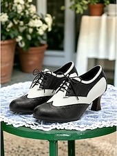 levne Retro styl 50. let-Dámské vintage černobílé oxfordské boty z 50. let - klasické dvoubarevné sedlové brogy se šněrováním na retro párty a swingový tanec &amp;preppy denní nošení